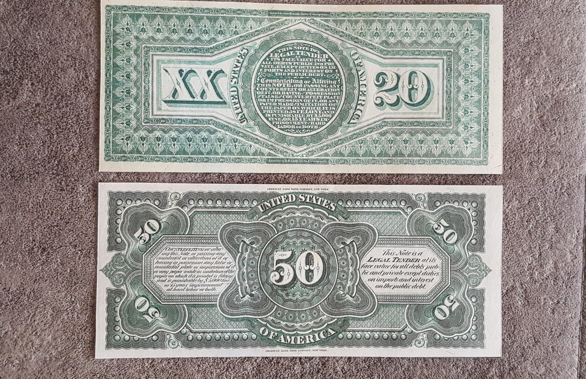 US 20 Dollar and 50 Dollar 1869 Rainbow series historical currency reverse back view