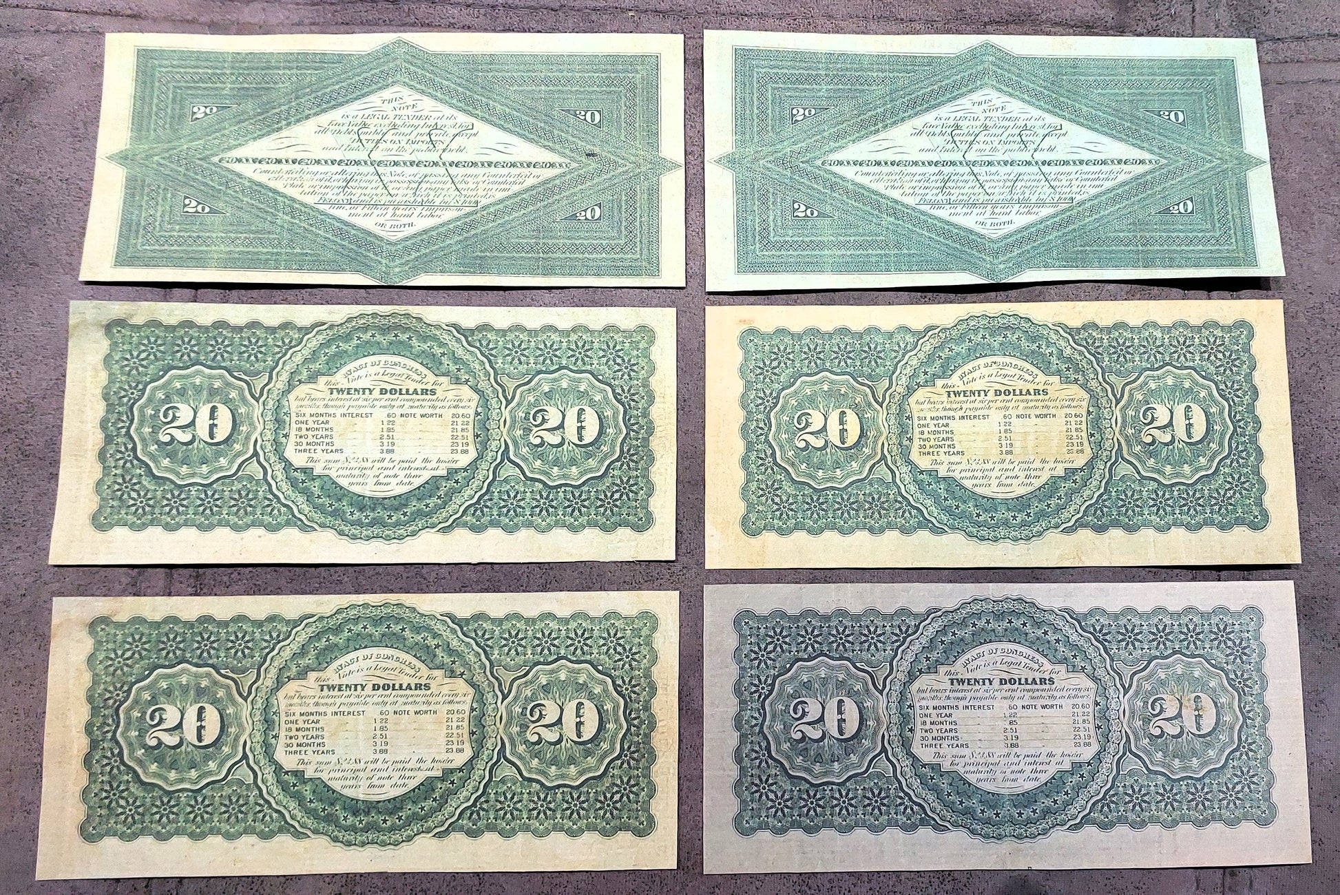 US 20 Dollar 1864 and 1865 Treasury Notes Civil War era paper money reverse side view