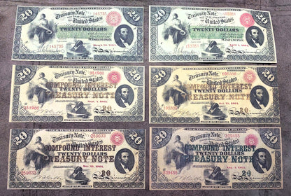 US 20 Dollar 1864 and 1865 Treasury Notes Civil War era historical currency notes front
