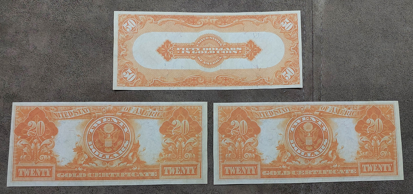 US 20 Dollar 1905 Technicolor and 1906 Gold Certificates reverse side showing golden eagle design