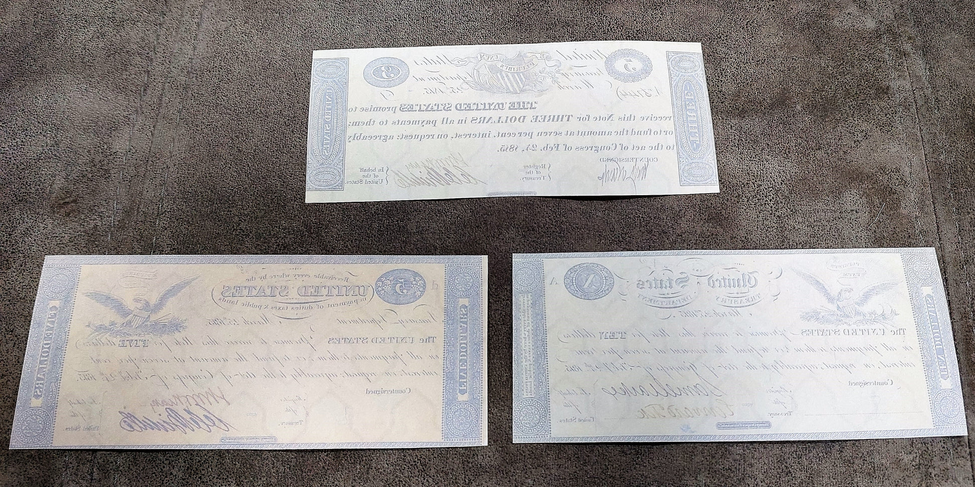 US 3 Dollar, 5 Dollar and 10 Dollar 1815 Treasury Notes reverse side view