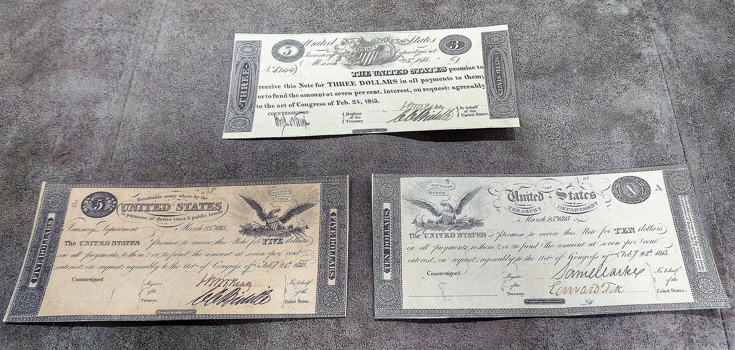 US 3 Dollar, 5 Dollar and 10 Dollar 1815 Treasury Notes historical currency front