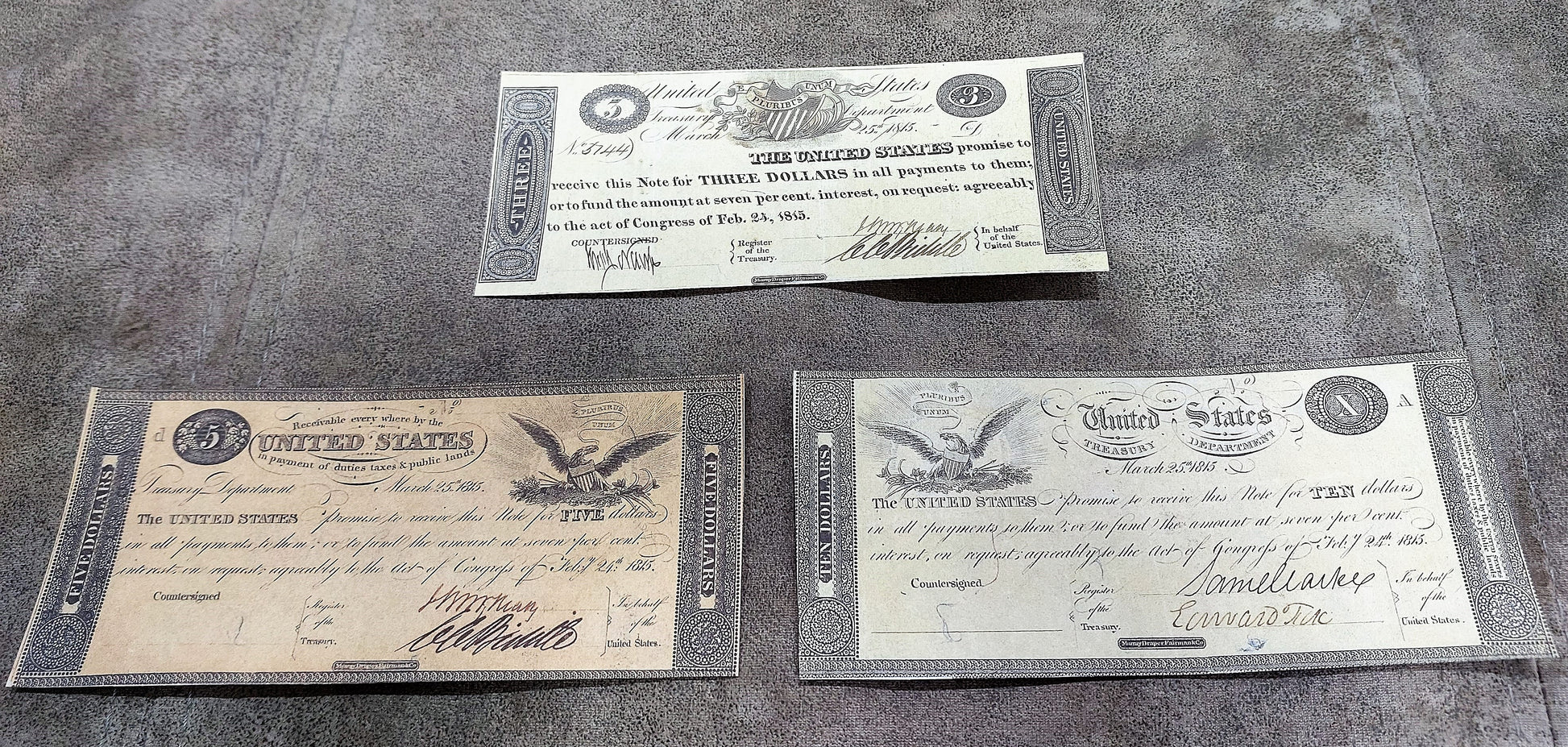 US 3 Dollar, 5 Dollar and 10 Dollar 1815 Treasury Notes historical currency front