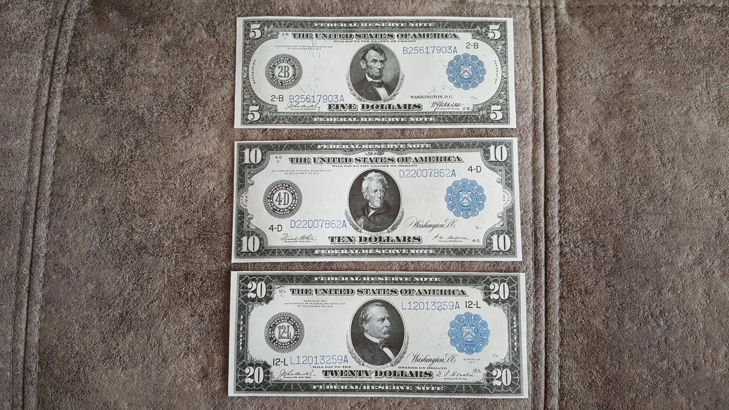 US 5 Dollar Lincoln, 10 Dollar Hamilton, and 20 Dollar Cleveland 1914 Series blue seal Federal Reserve Notes front
