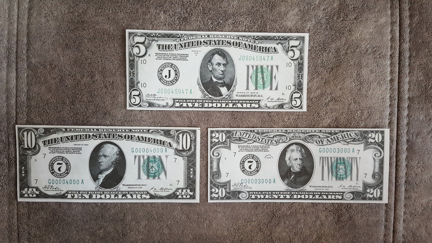 US 5 Dollar Lincoln, 10 Dollar Hamilton, and 20 Dollar Jackson 1928 Federal Reserve Notes front