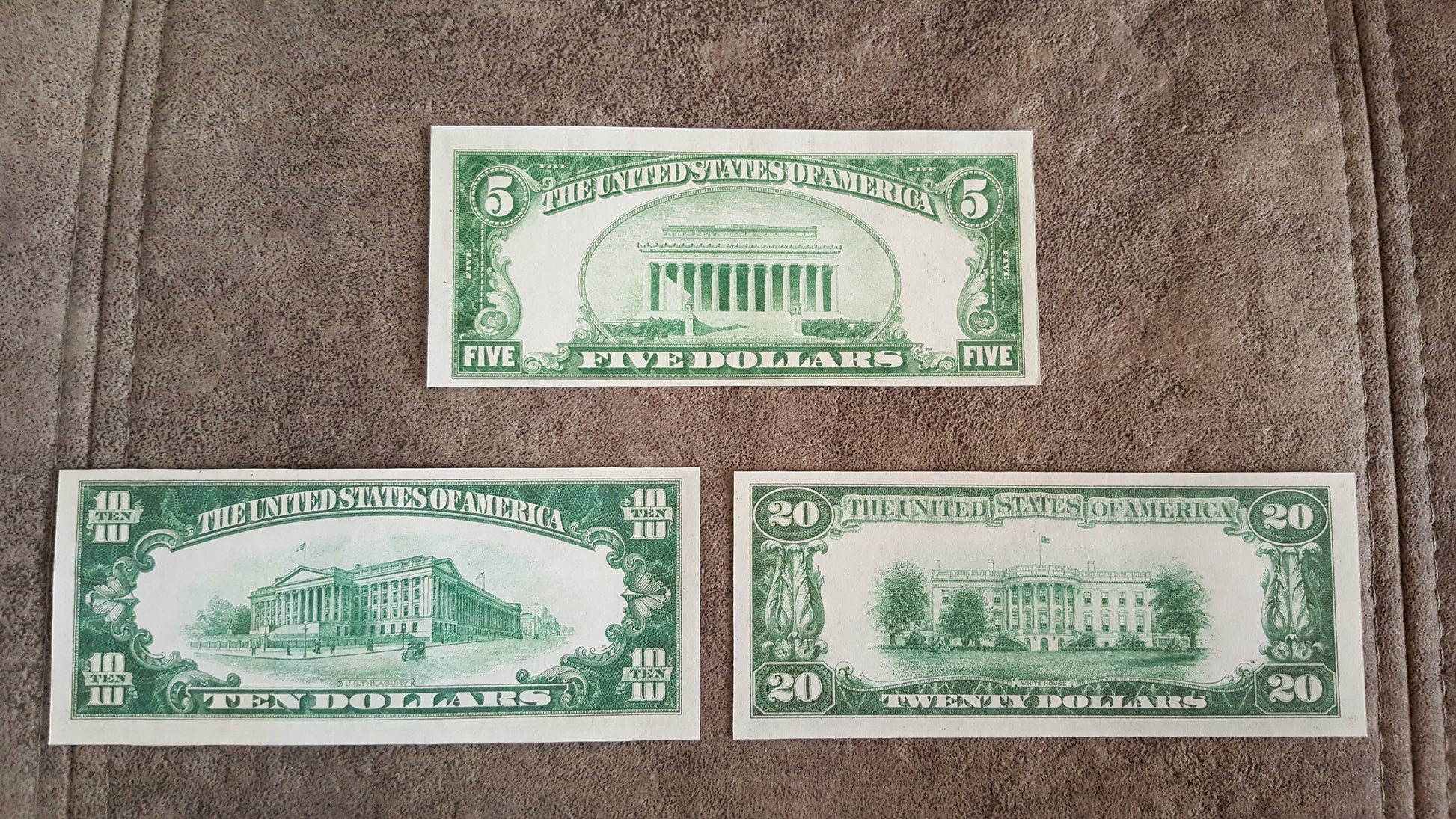 US 5, 10, and 20 Dollar 1928 Federal Reserve Notes reverse side greenback view