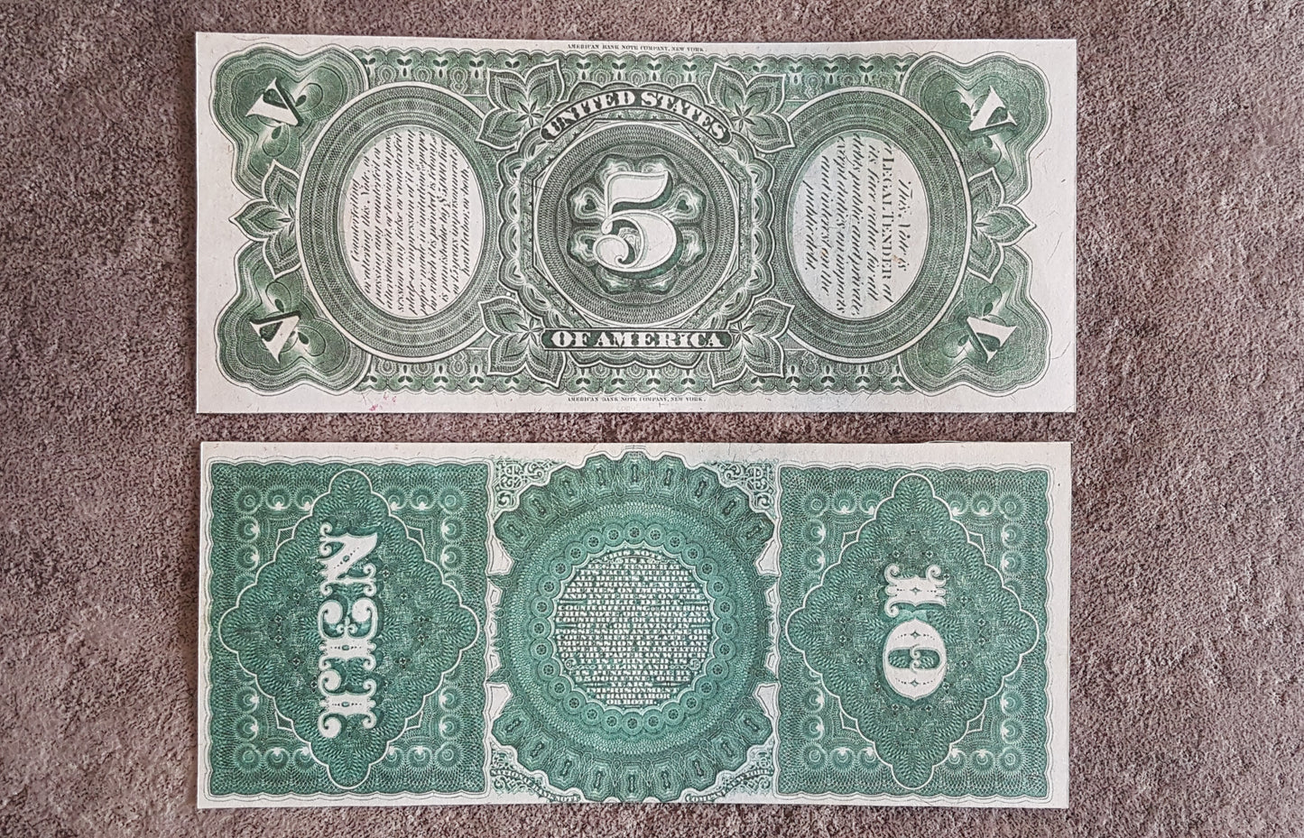 US 5 Dollar and 10 Dollar 1869 Rainbow series banknotes reverse greenback view