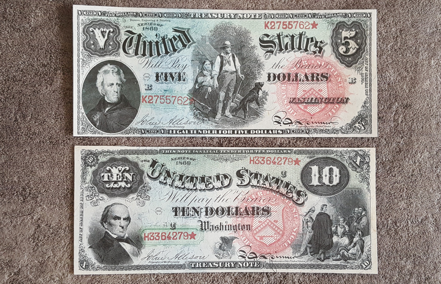 US 5 Dollar Jackson and 10 Dollar Lincoln 1869 Series Legal Tender Rainbow notes front