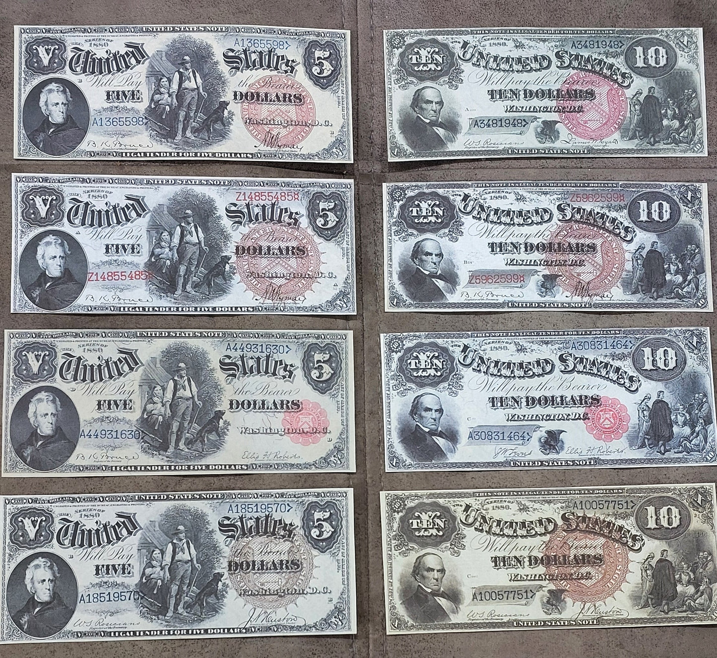 US 5 Dollar Jackson and 10 Dollar Webster 1880 Legal Tender notes with red and brown seals front