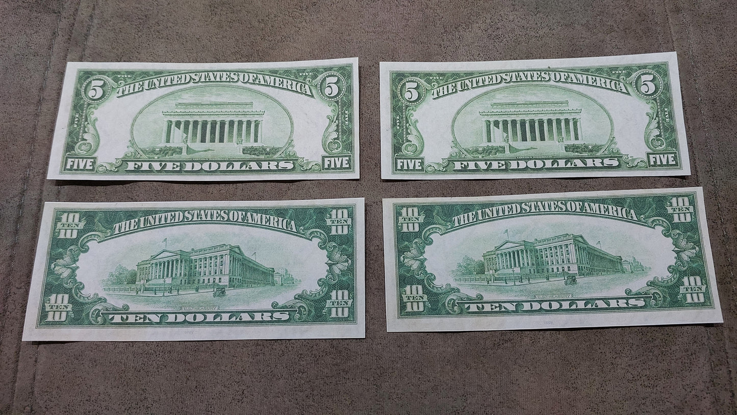 US 5 + 10 Dollar Lincoln Memorial 1929 Federal Reserve Bank Notes reverse greenback view