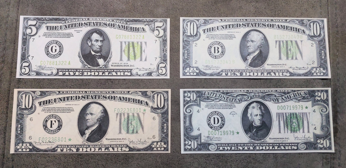 US 5 Dollar Lincoln and 10 Dollar Hamilton 1934 Series Federal Reserve Notes including star note variety front