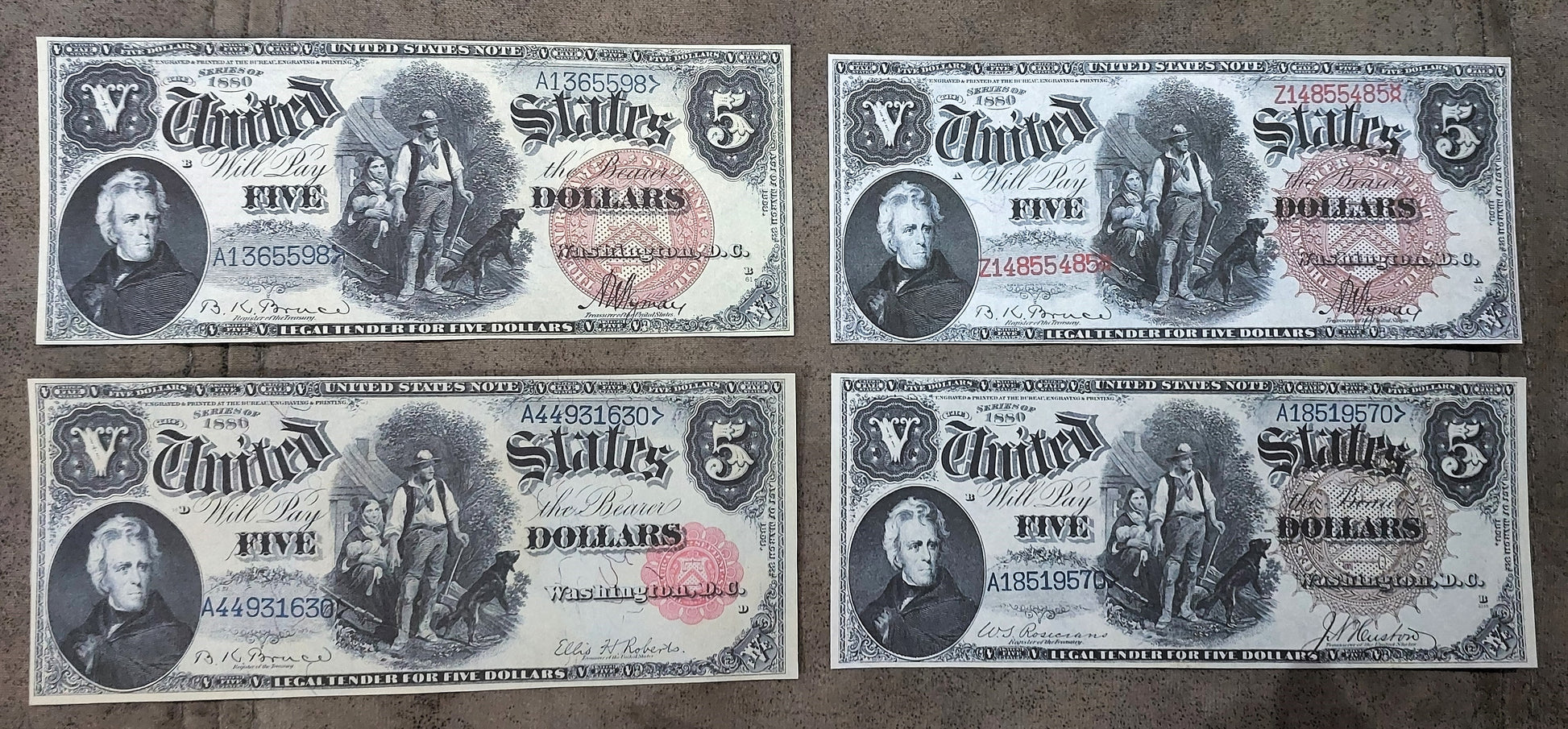 US 5 Dollar 1880 Legal Tender Andrew Jackson Pioneer family note varieties with red and brown seals front