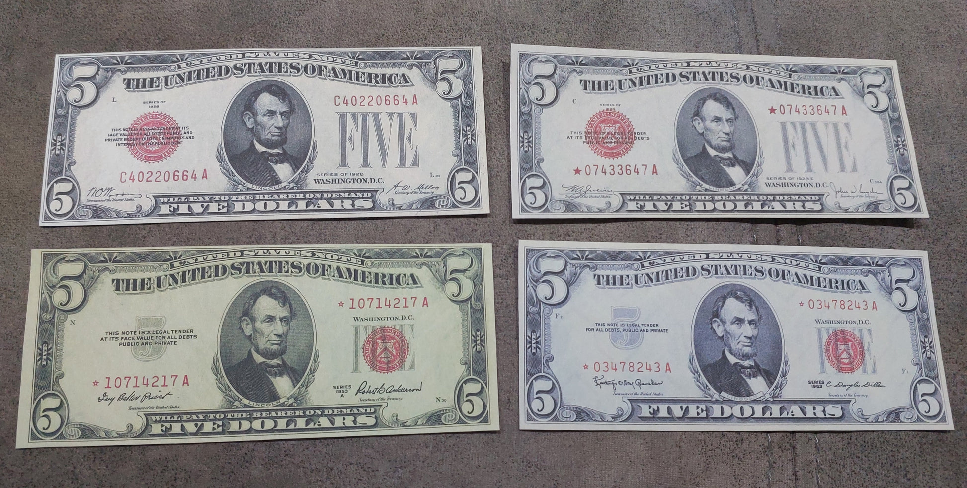 US 5 Dollar 1928 1953A 1963 Legal Tender Red Seal Lincoln star notes front