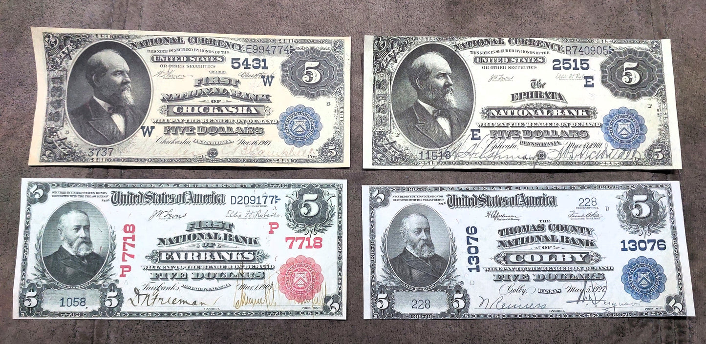 US 5 Dollar National Bank notes 1882-1927 Red Seal, Blue Seal & Type B front