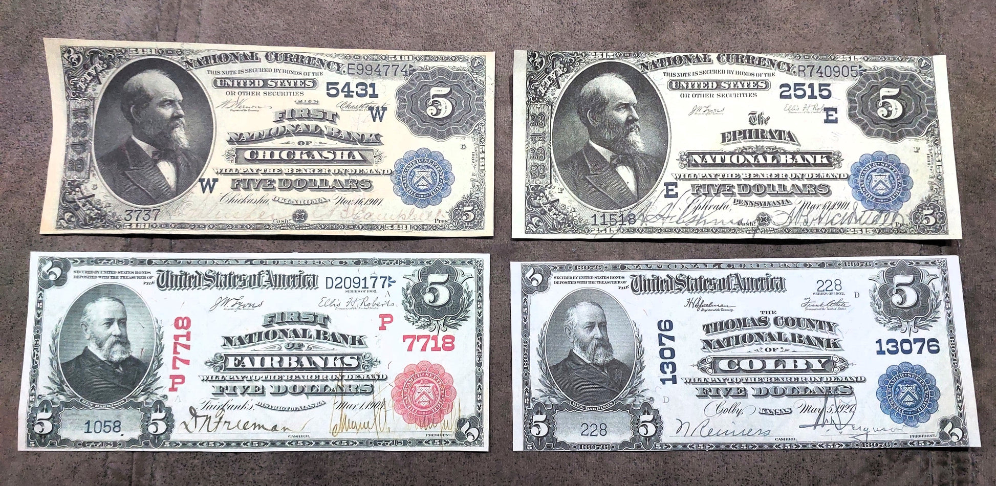 US 5 Dollar National Bank notes 1882-1927 Red Seal, Blue Seal & Type B front