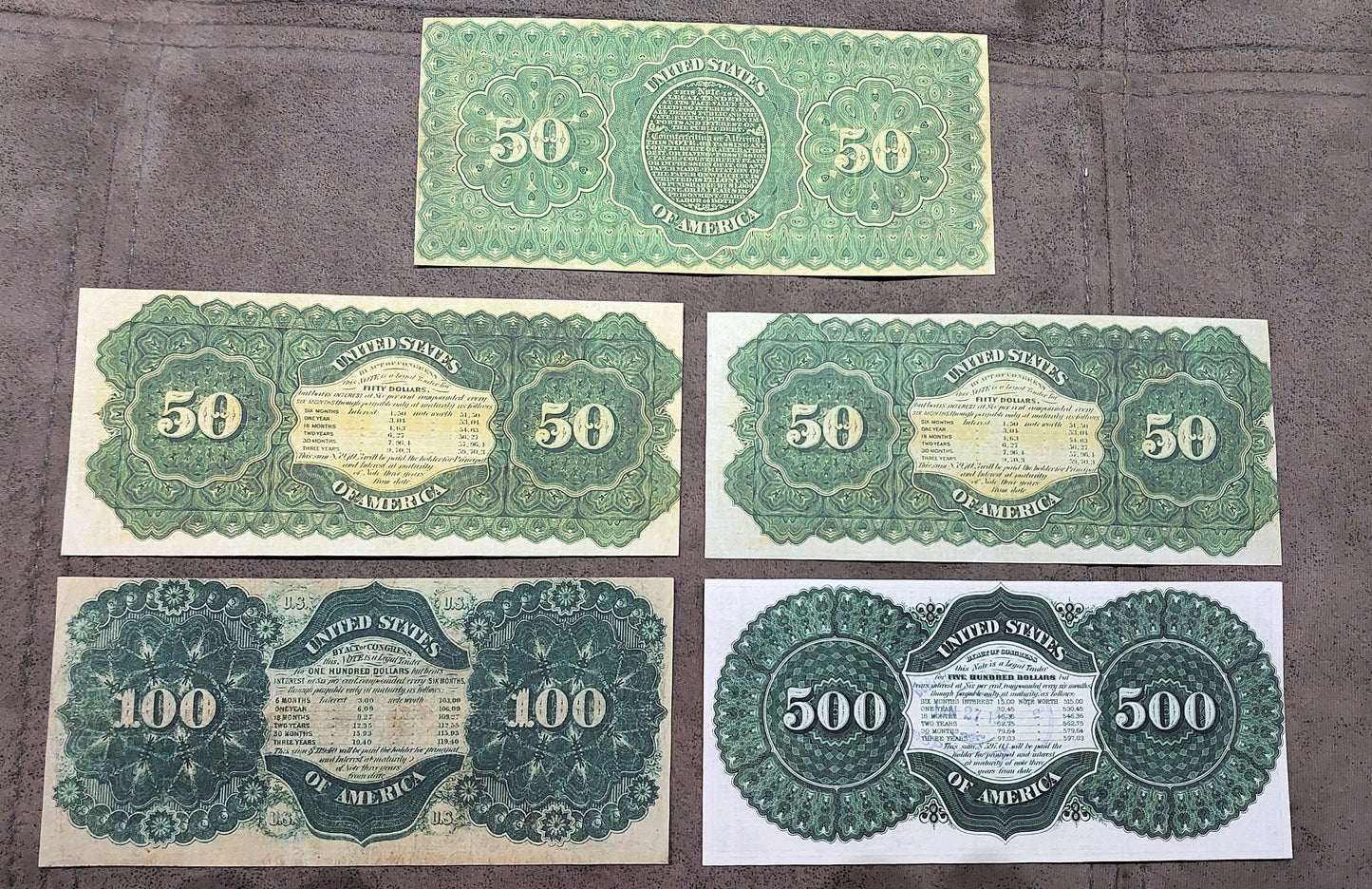 US 50 Dollar, 100 Dollar and 500 Dollar 1864-1865 high denomination Civil War Treasury Notes back
