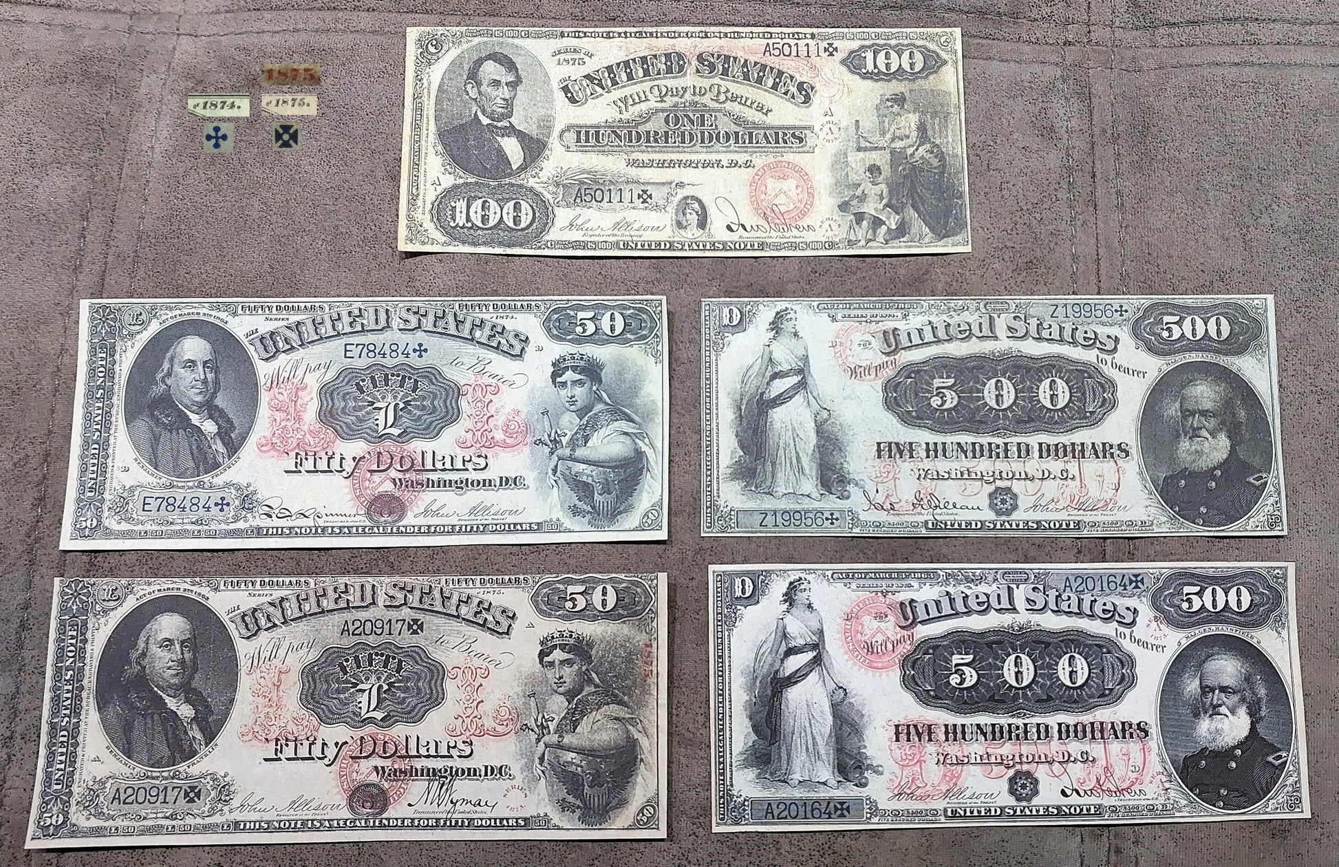 US 100 Dollar 50 Dollar  500 Dollar 1874 and 1875 Legal Tender historical notes front