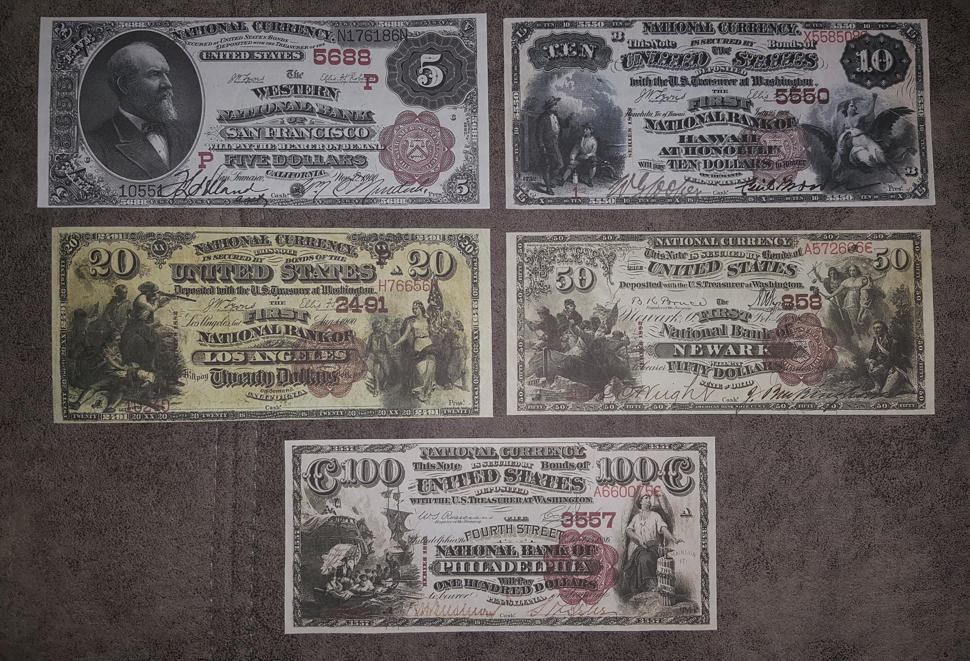 US 50 Dollar Washington and 100 Dollar John Sherman 1882-1902 Series National Bank Notes front