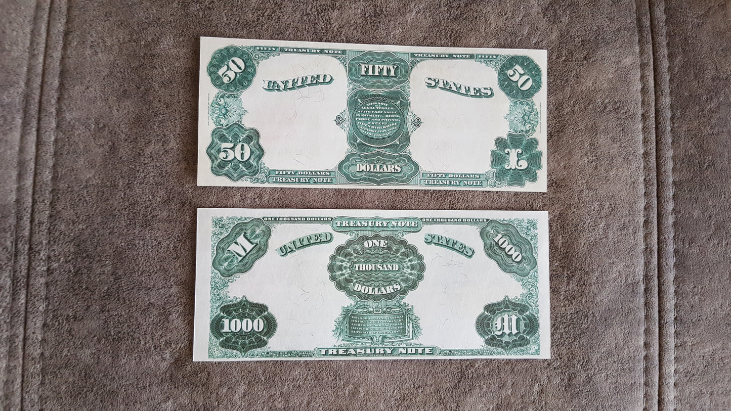 US 50 Dollar and 1000 Dollar 1891 Treasury Coin Notes reverse greenback view
