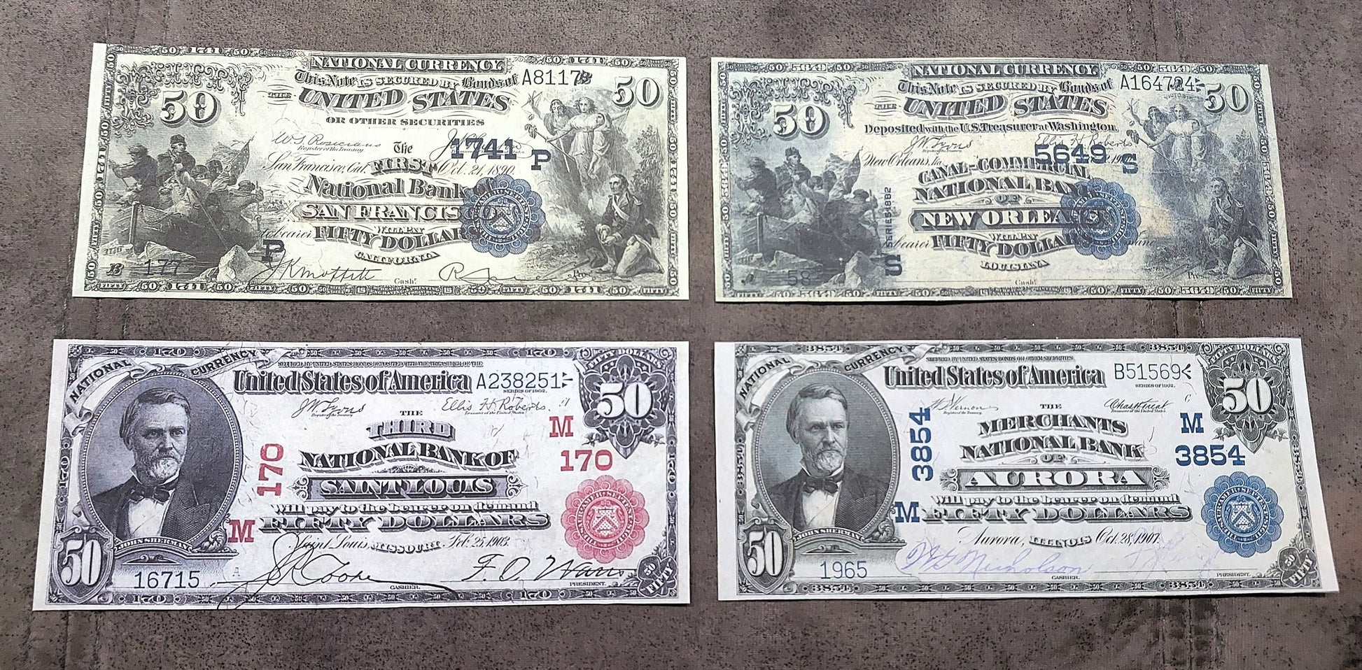 US 50 Dollar National Bank notes 1882-1927 Red Seal, Blue Seal & Type B front