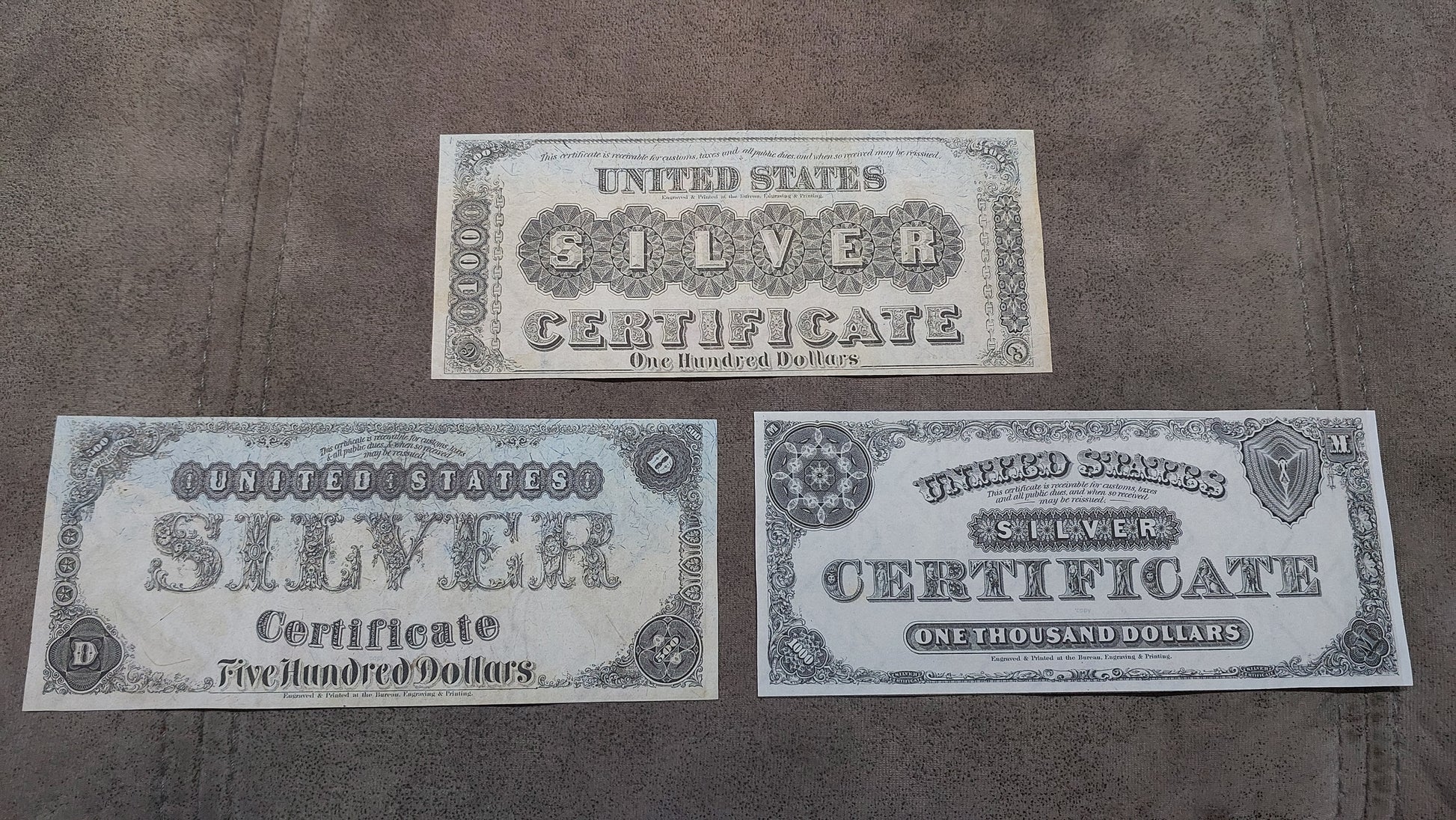 US 500 Dollar and 1000 Dollar 1878 rare Silver Certificate historical notes back