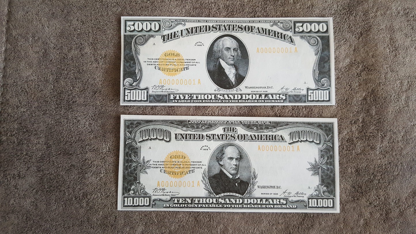 US ultra high denomination 5000 Dollar Madison and 10000 Dollar Chase 1928 Gold Certificates front