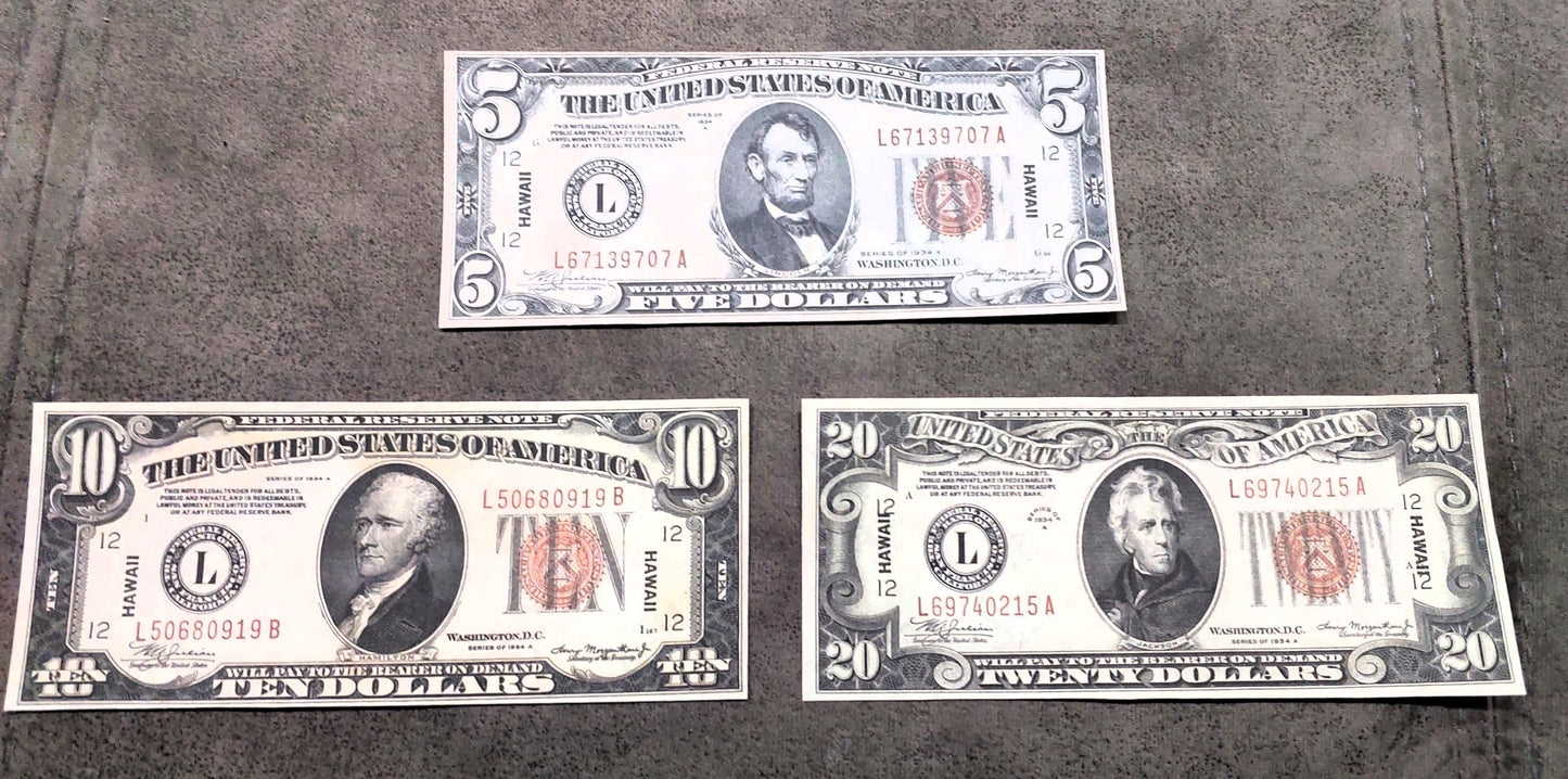 US WWII Hawaii overprint 5, 10, and 20 Dollar 1934A brown seal emergency currency notes 