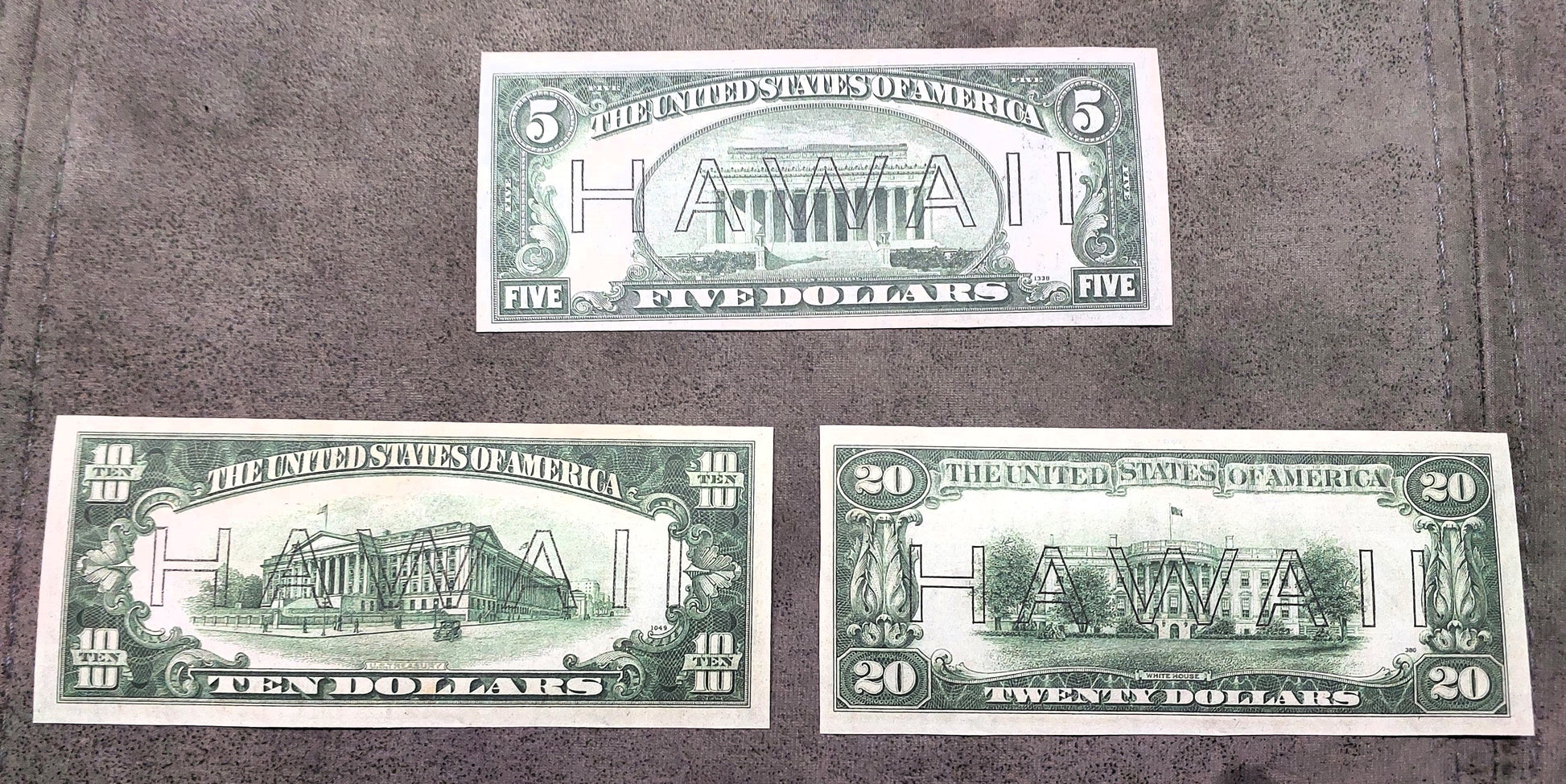 US WWII Hawaii overprint 5, 10, and 20 Dollar 1934A brown seal emergency currency notes back