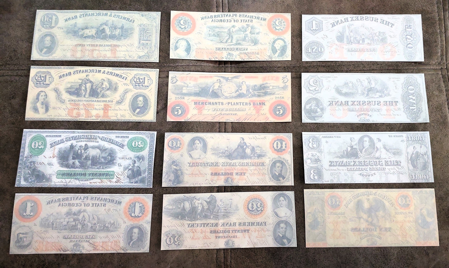 Rare US obsolete currency notes 1850-1862 set E - reverse side view