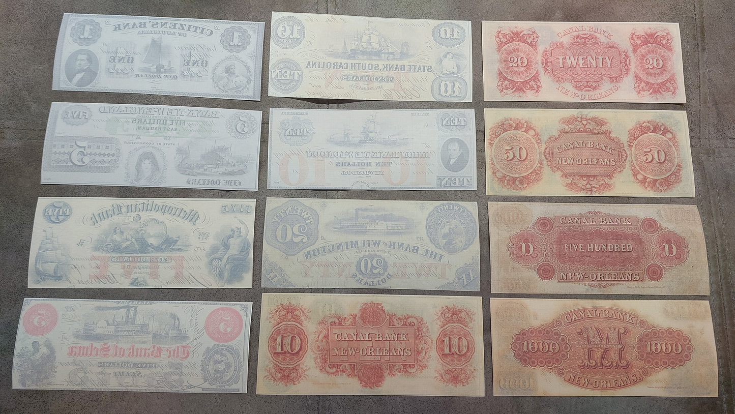 Rare US obsolete currency notes 1854-1863 maritime theme set G - reverse side view