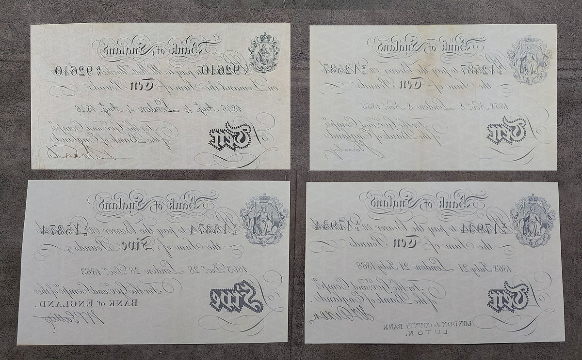 Reverse presentation of Victorian British paper money. Exhibits the unique textural qualities of old English security rag paper stock and structural plate bleeding essential for archival research.