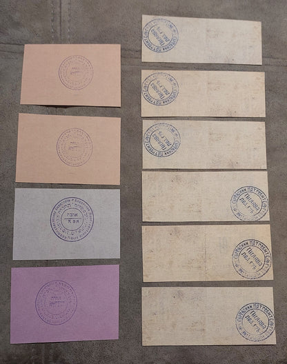 Reverse angles of the Yevpatoria Ahva and Pyliava community banknotes. Showcases traditional numismatic aging aesthetics, watermark placement verification zones, and historical document paper fibers.