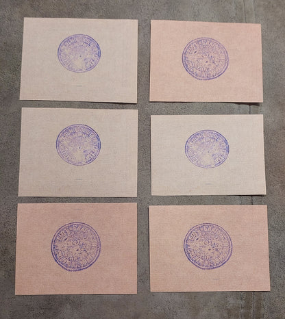 Reverse impressions of the Zvenigorod Jewish bakery receipts from 1919. Showcases traditional uniface tinting traits, historical paper aging aesthetics, and unique printing plate variations prized by advanced Judaica numismatic researchers.
