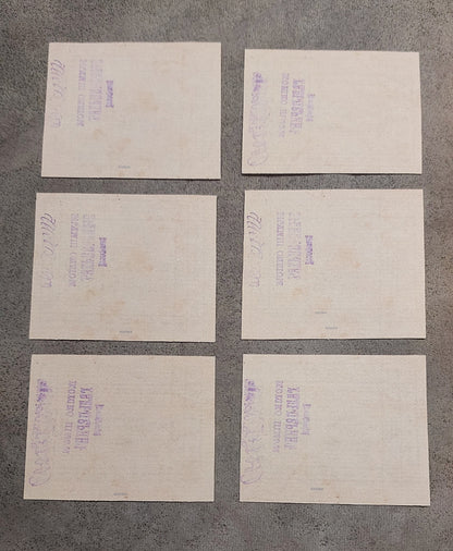 Reverse side profiles of the Zvenigorodka Shohet communal banknotes. Highlights obsolete regional currency backing formats and intricate background geometric engraving lines.